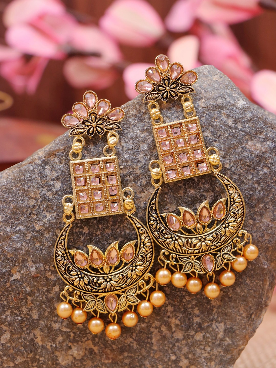 

Crunchy Fashion Gold-Plated & Peach-Coloured Crescent Shaped Chandbalis