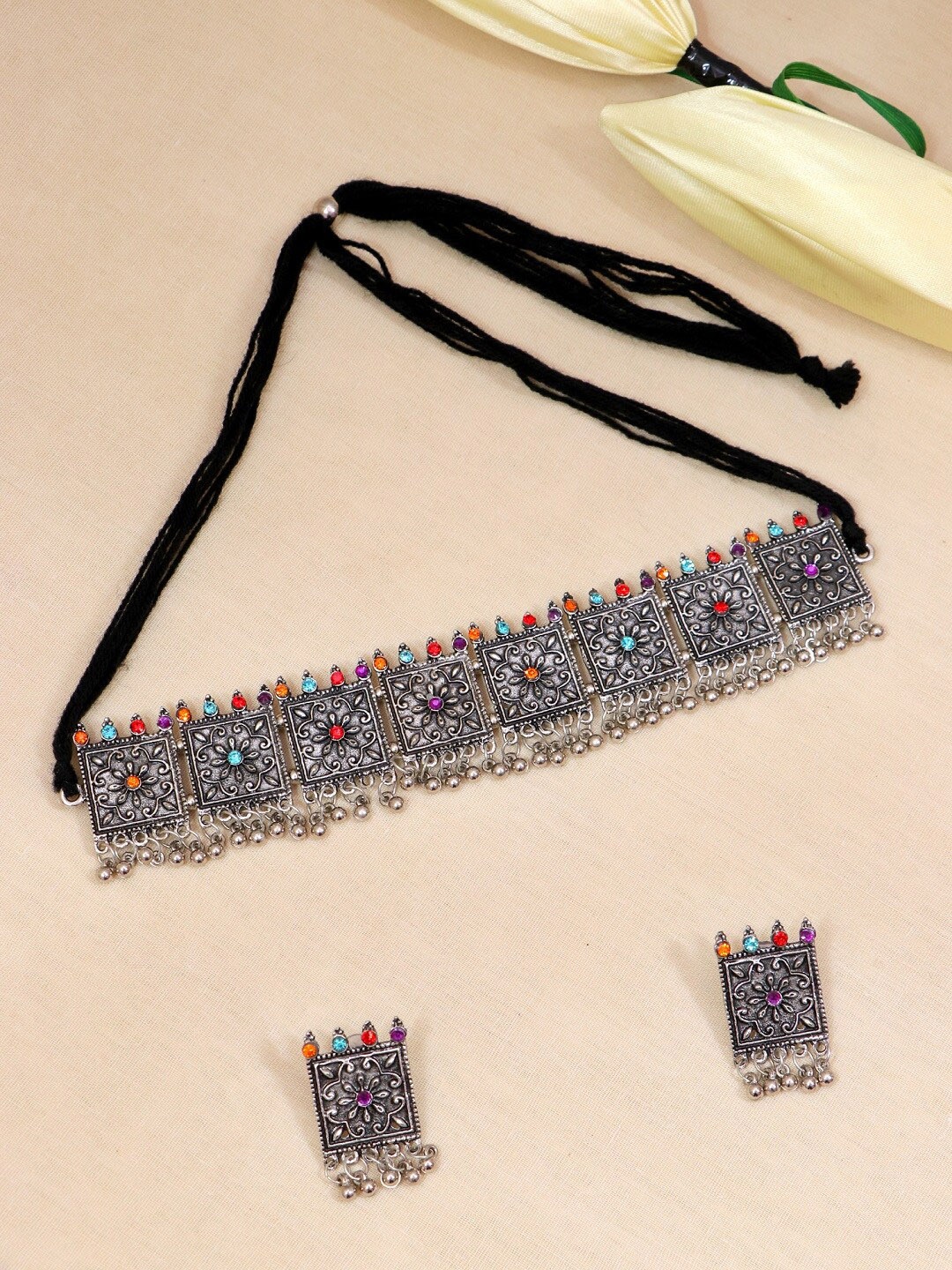 

Crunchy Fashion Women Oxidised Silver Plated Beaded Coin Choker Jewellery Set