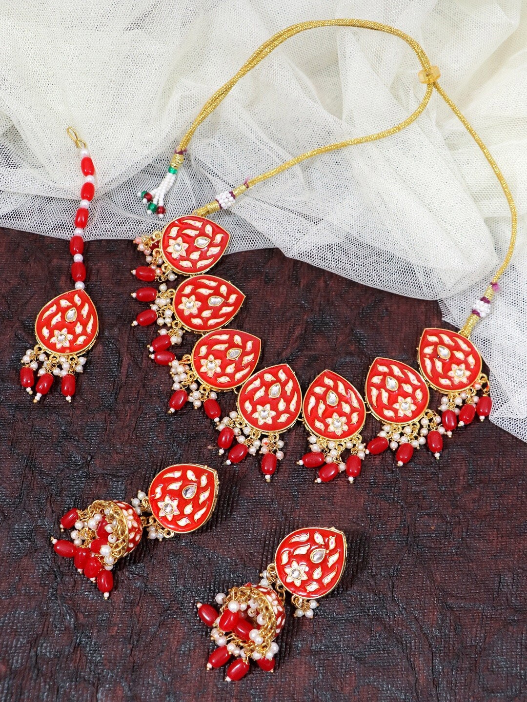 

Crunchy Fashion Gold-Plated Red & White Stone-Studded Meenakari Jewellery Set