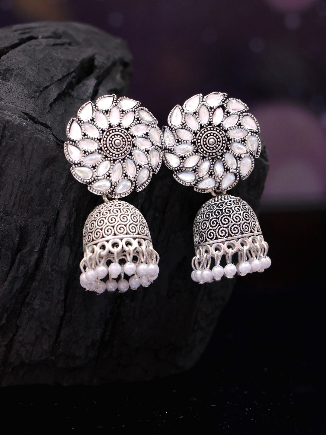 

Crunchy Fashion Silver-Plated & White Dome Shaped Jhumkas