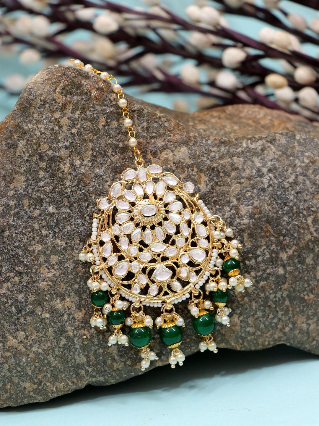 

Crunchy Fashion Green & White & Gold-Plated Kundan Studded Meenakari Maangtikka