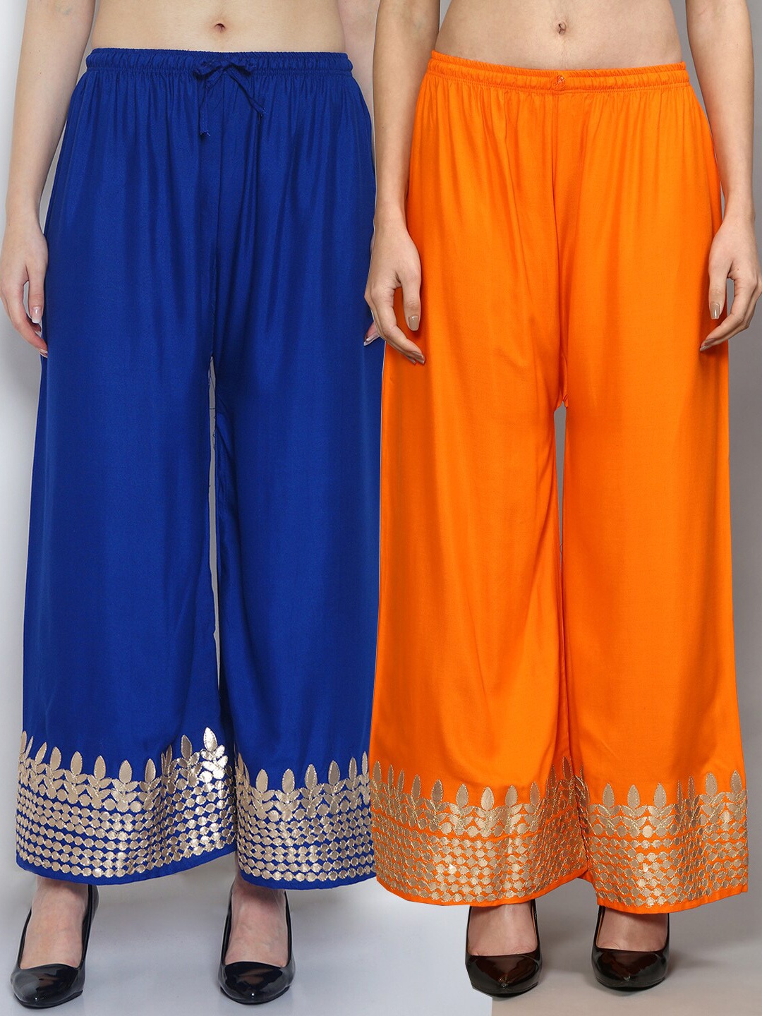 

Jinfo Women Blue & Orange Pack of 2 Gota Bottom Printed Flared Ethnic Palazzos