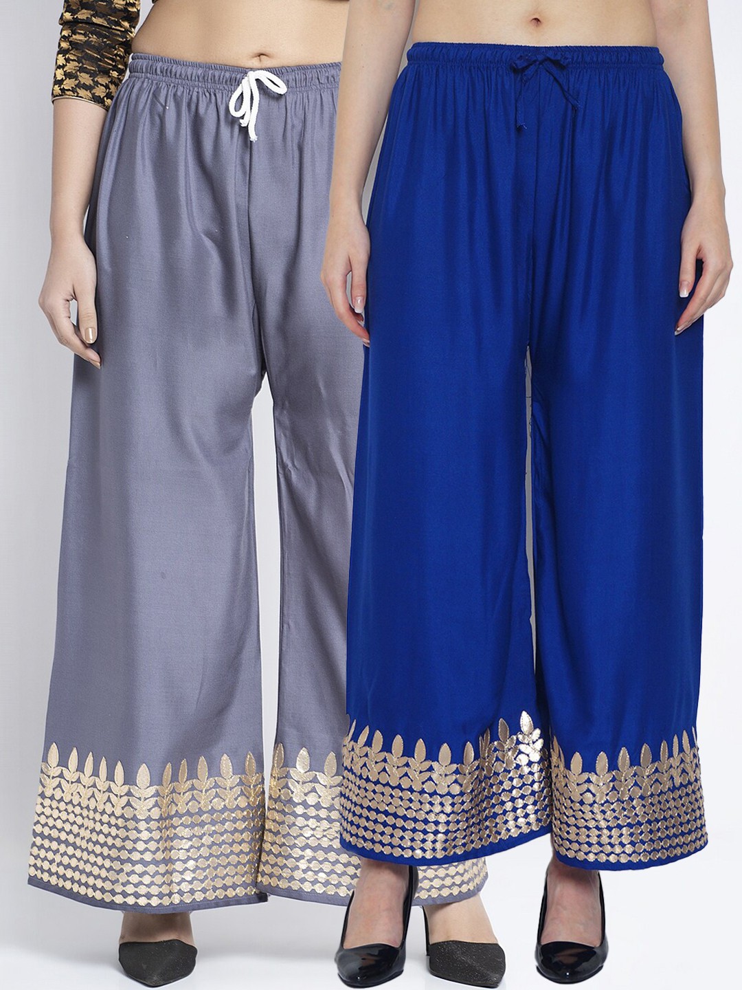

Jinfo Women Grey & Blue Set Of 2 Gota Embellished Flared Ethnic Palazzos
