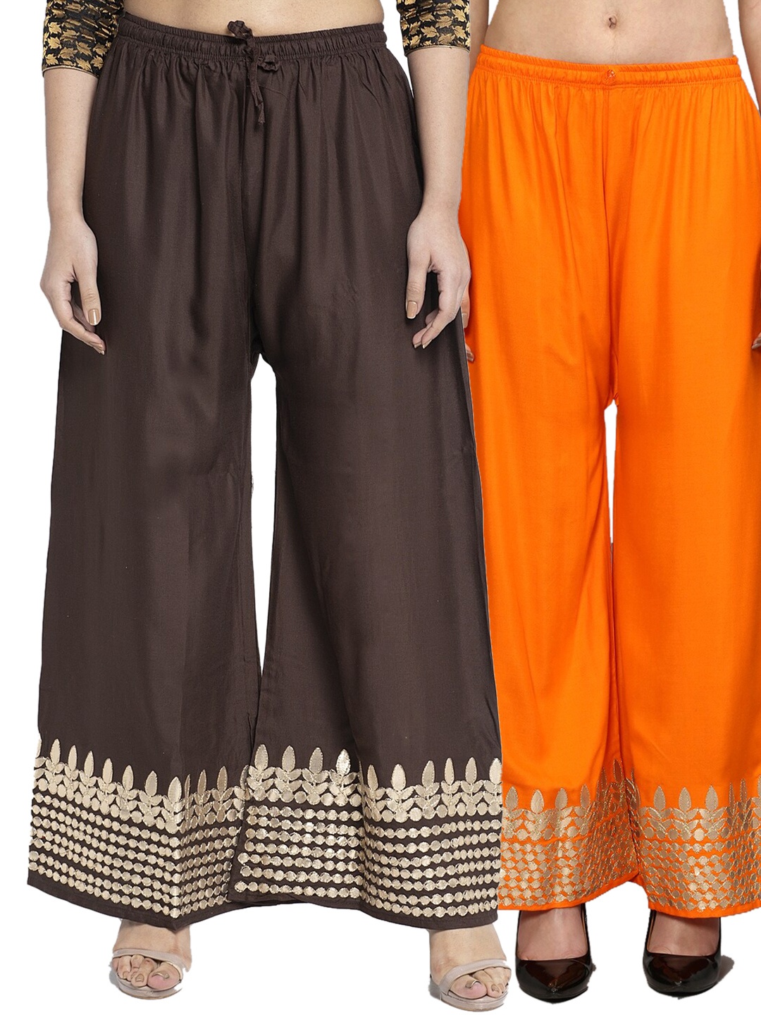 

Jinfo Women Orange & Brown Pack of 2 Gota Bottom Printed Flared Ethnic Palazzos