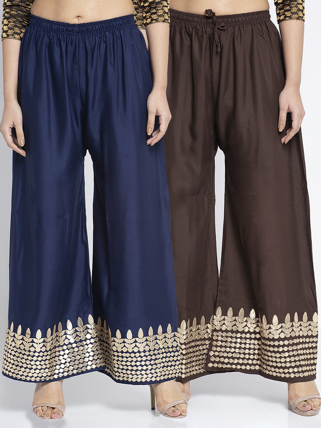 

Jinfo Women Navy Blue & Brown Set Of 2 Gota Printed Straight Fit Palazzo