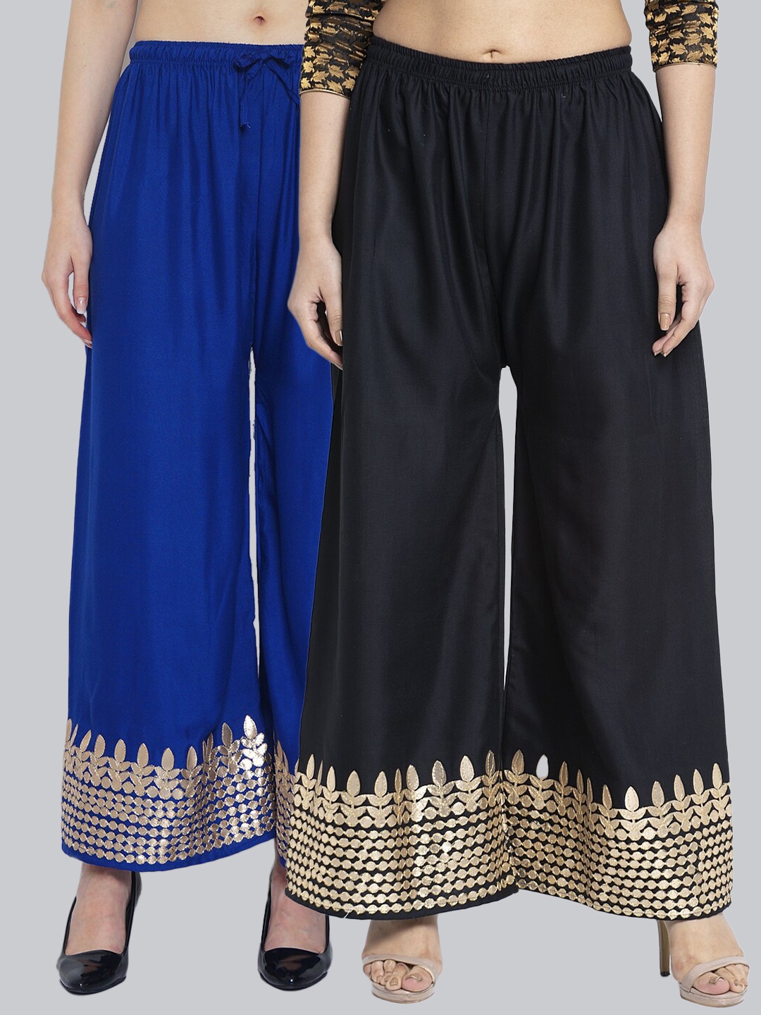 

Jinfo Women Black & Blue Pack of 2 Gota Bottom Printed Flared Ethnic Palazzos