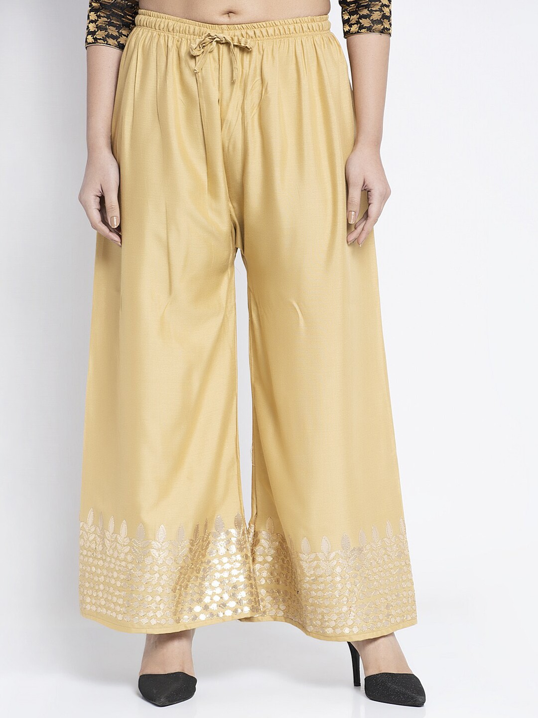 

Jinfo Women Beige Gota Printed Wide Leg Fit Palazzo