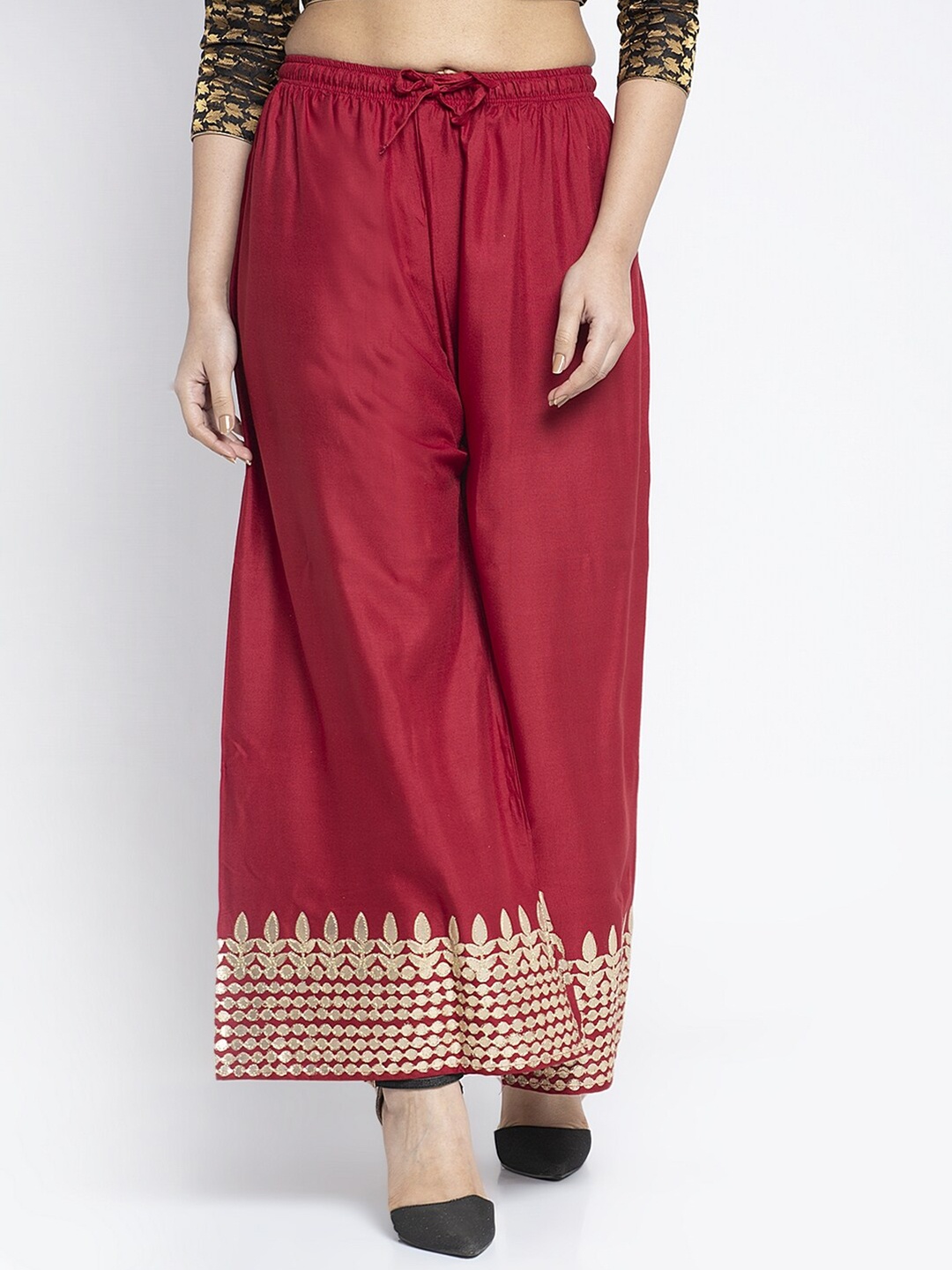 

Jinfo Women Maroon & Gold-Toned Gota Bottoml Printed Flared Ethnic Palazzos