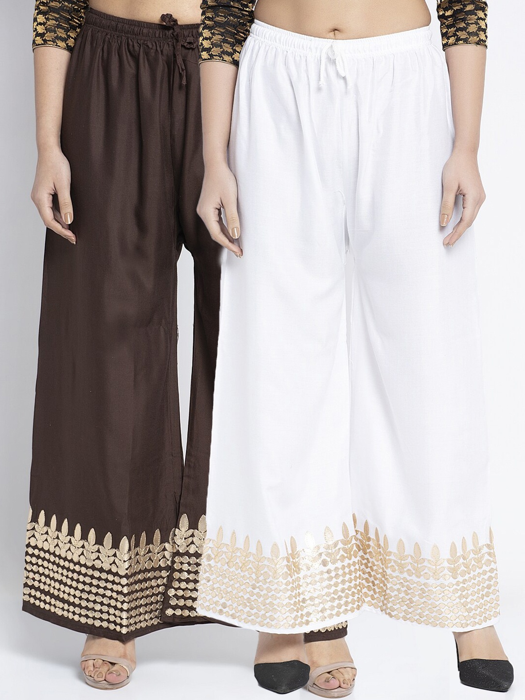 

Jinfo Women White & Brown Set Of 2 Gota Printed Wide Leg Fit Palazzo