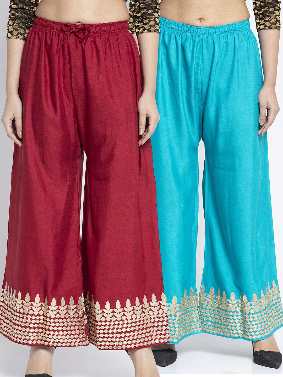 

Jinfo Women Maroon & Red Set of 2 Gota Embellished Flared Knitted Ethnic Palazzos