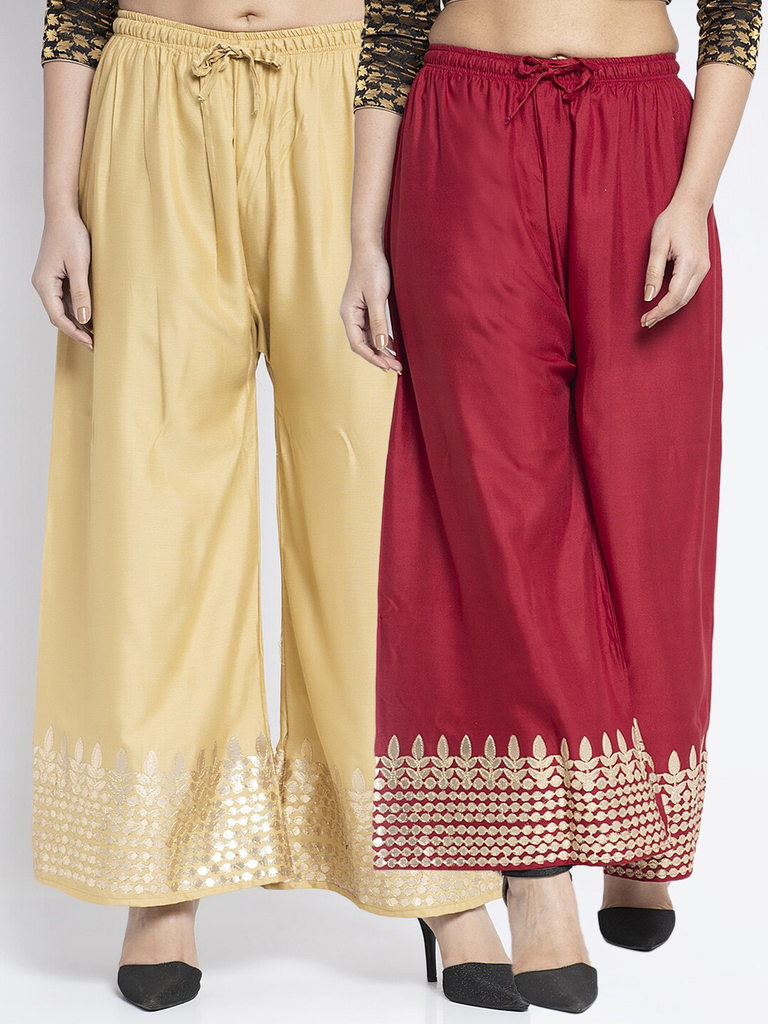 

Jinfo Women Pack Of 2 Gold-Toned & Maroon Flared Knitted Ethnic Palazzos