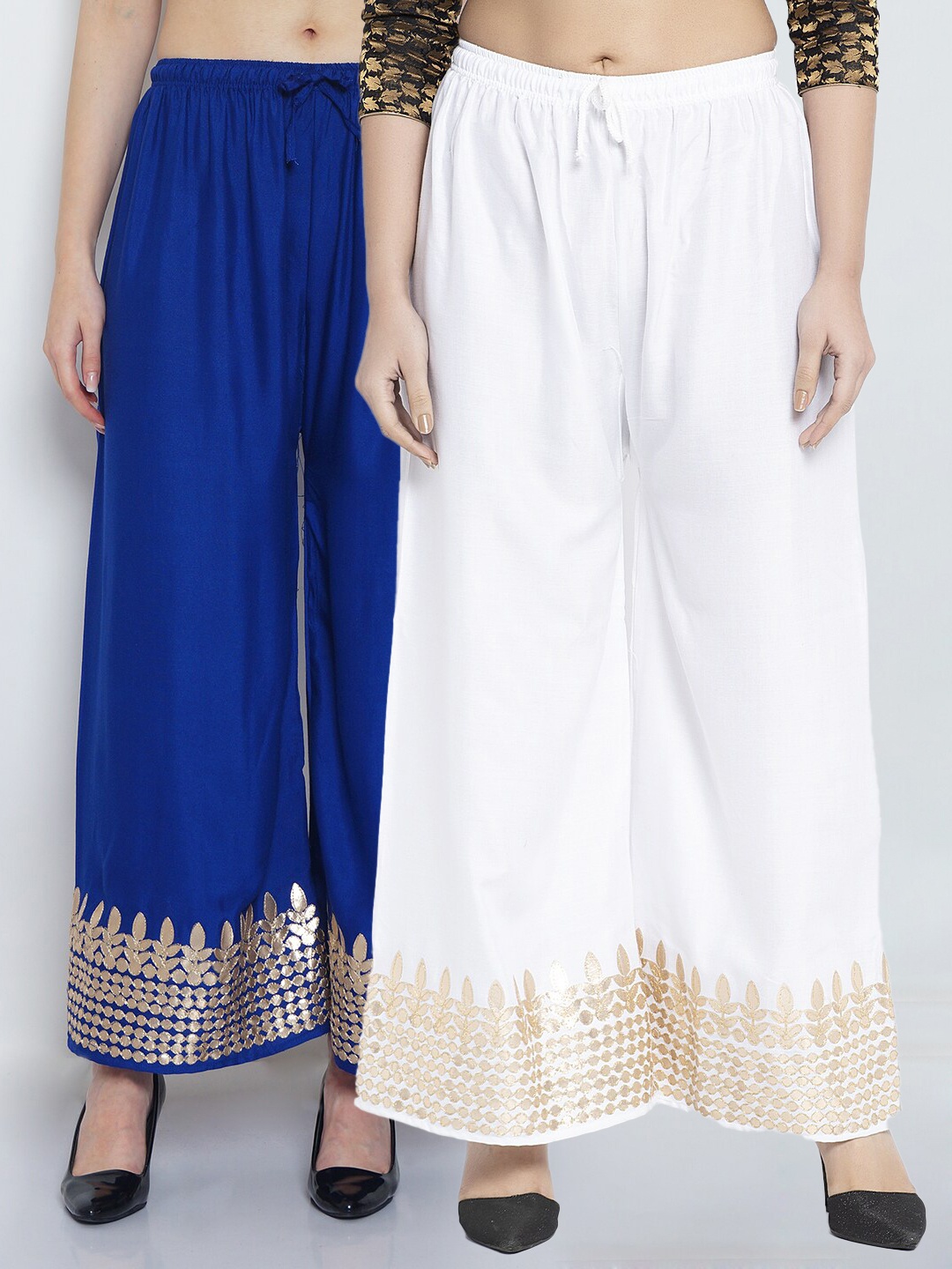 

Jinfo Women White & Navy Blue Pack of 2 Gota Bottom Printed Flared Ethnic Palazzos