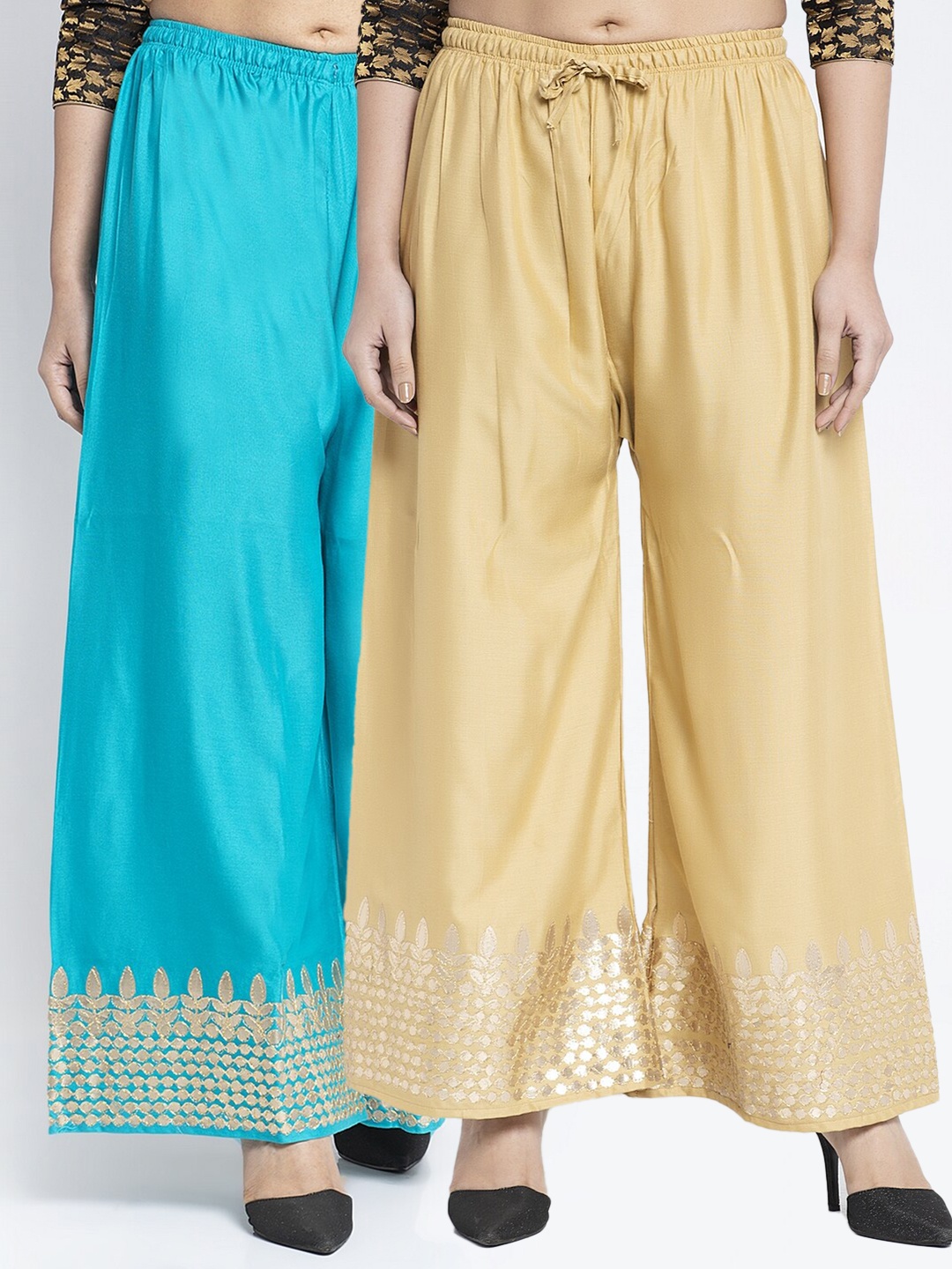 

Jinfo Women Beige & Blue Set Of 2 Gota Embellished Flared Knitted Ethnic Palazzos