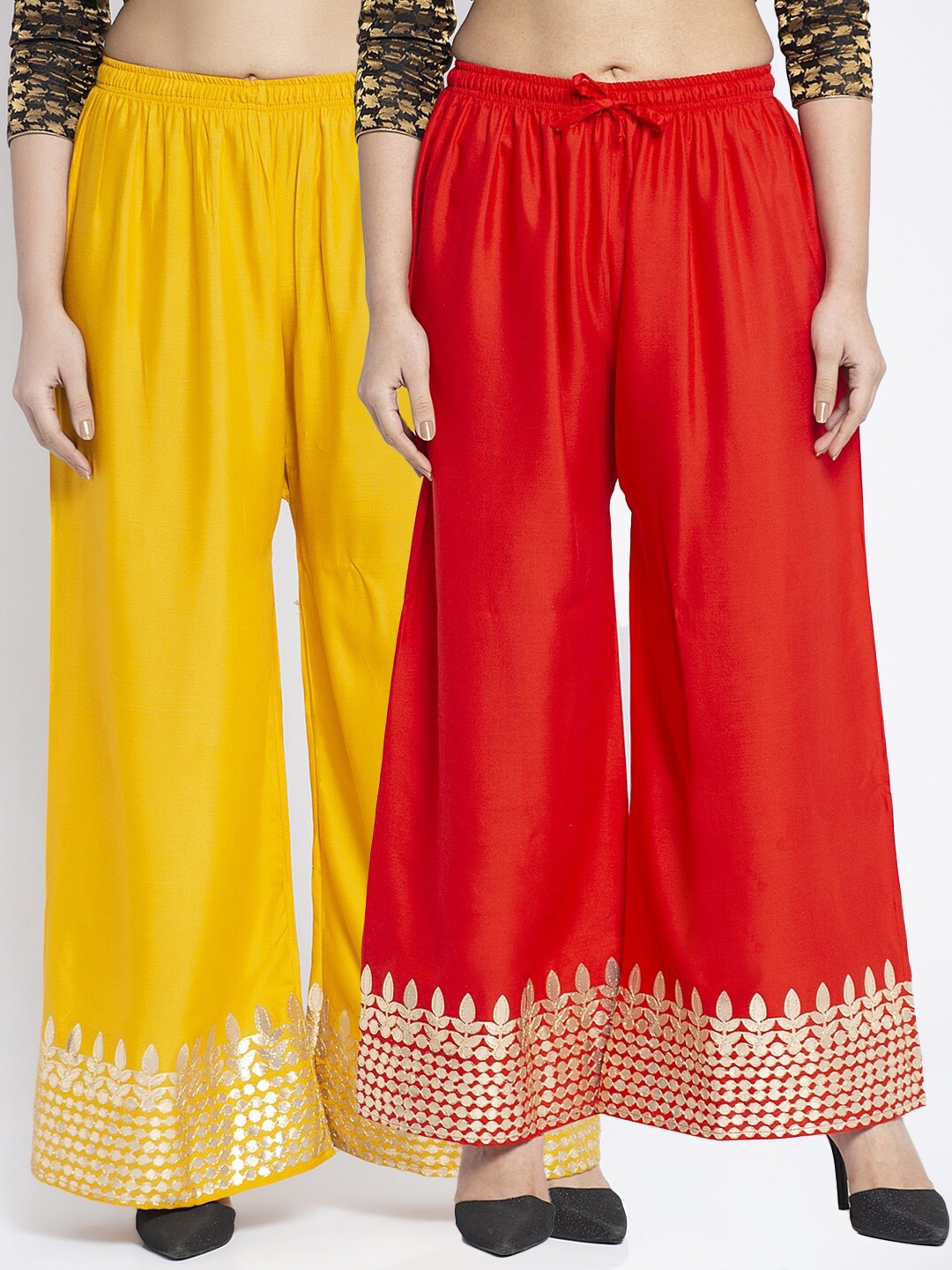 

Jinfo Women Red & Yellow Set Of 2 Ethnic Motifs Gota Embellished Flared Ethnic Palazzos
