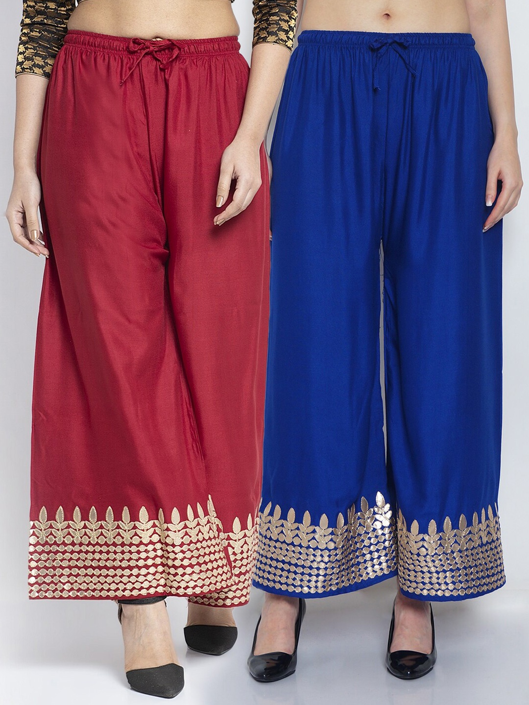 

Jinfo Women Blue & Maroon 2 Ethnic Motifs Gotta Embellished Flared Ethnic Palazzos