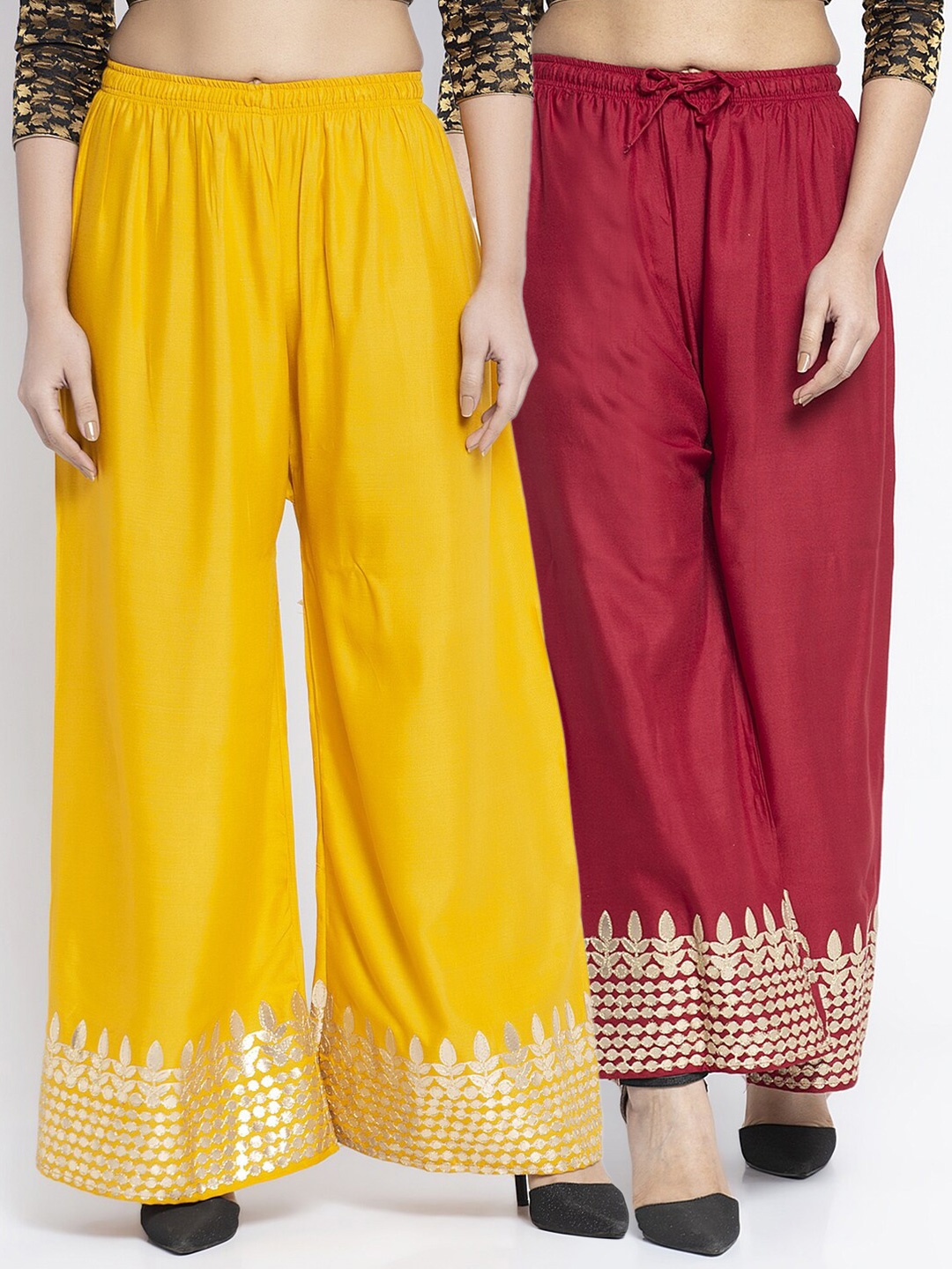 

Jinfo Women Pack Of 2 Yellow & Maroon Flared Ethnic Palazzos