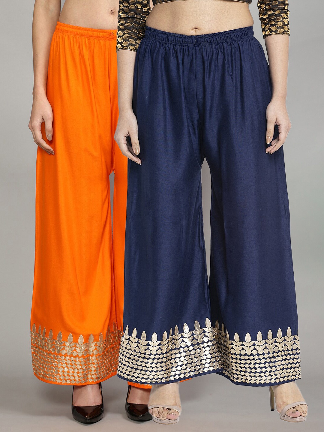 

Jinfo Women Orange & Navy Blue Set Of 2 Gota Printed Wide Leg Fit Palazzo