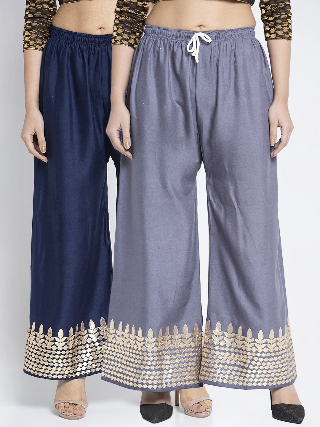 

Jinfo Women Grey & Navy Blue Pack of 2 Gota Bottom Printed Flared Ethnic Palazzos