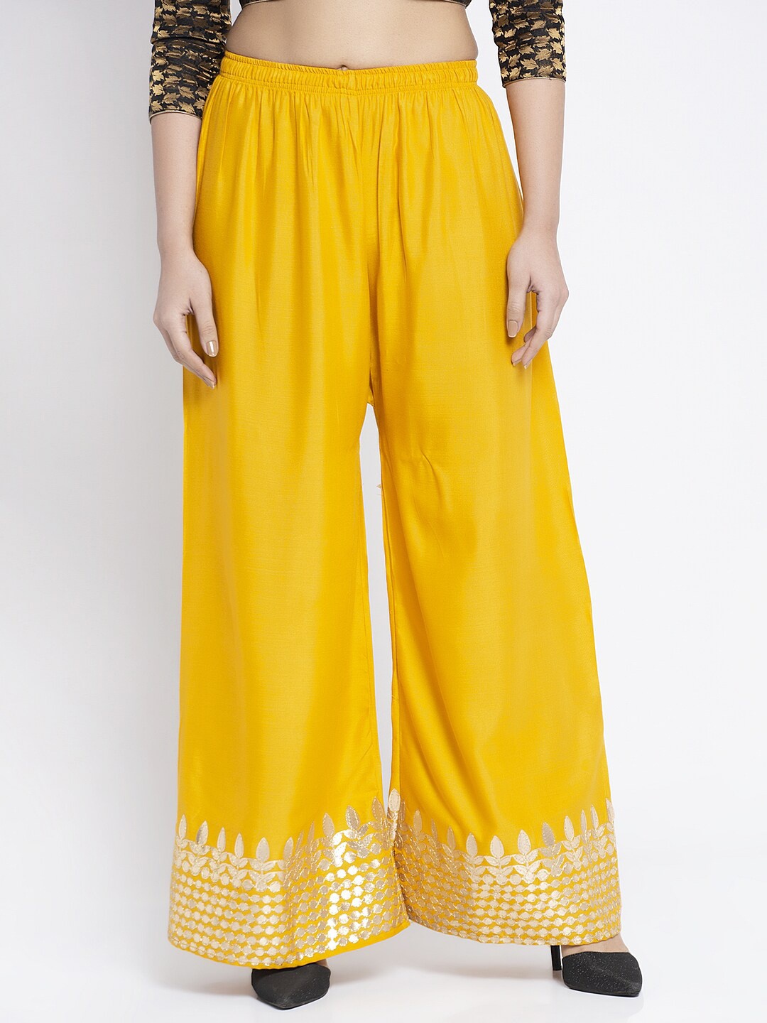 

Jinfo Women Yellow & Gold-Toned Ethnic Motifs Gota Embellished Flared Ethnic Palazzos