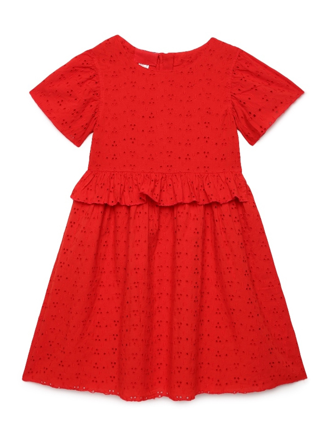 

UNDER FOURTEEN ONLY Girls Red Schiffli Peplum Dress