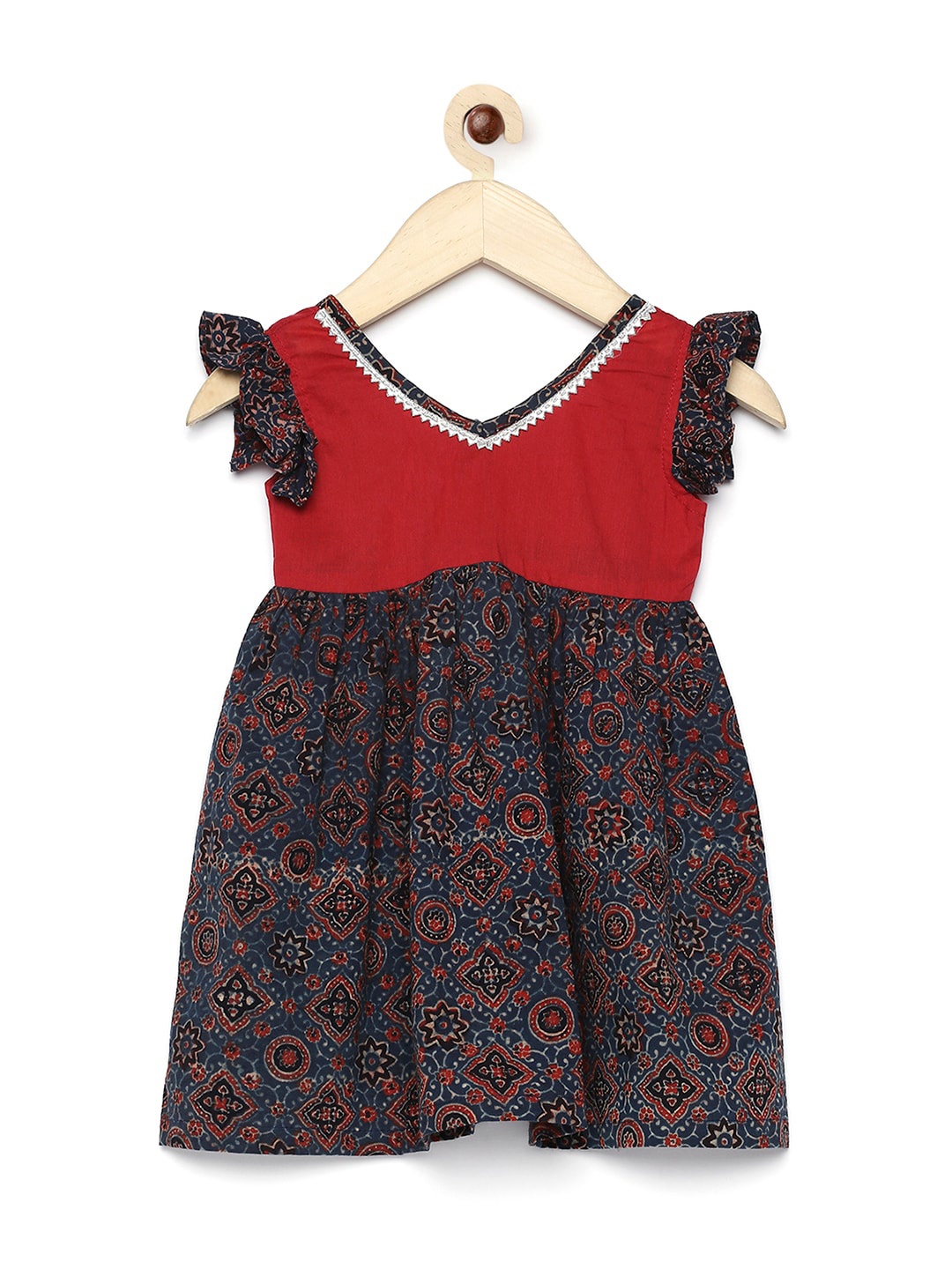 

MANY FROCKS & Girls Maroon Ethnic Motifs Fit & Flare Cotton Dress