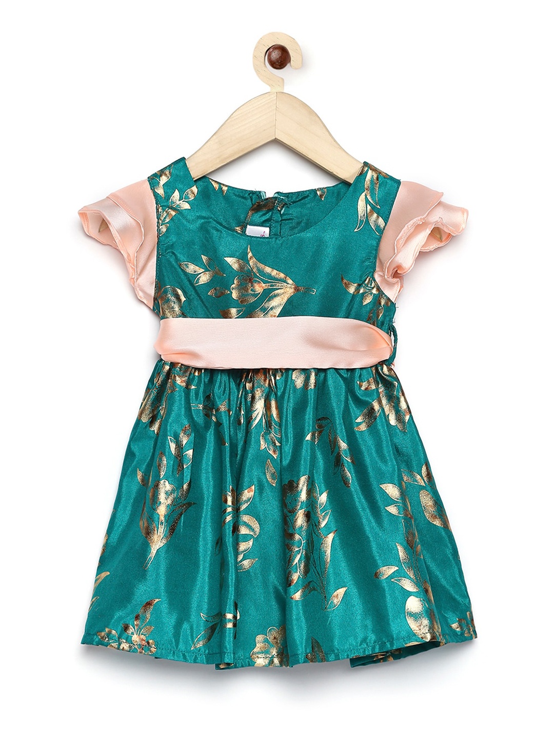 

MANY FROCKS & Girls Green & Gold-Toned Floral Satin Fit & Flare Dress