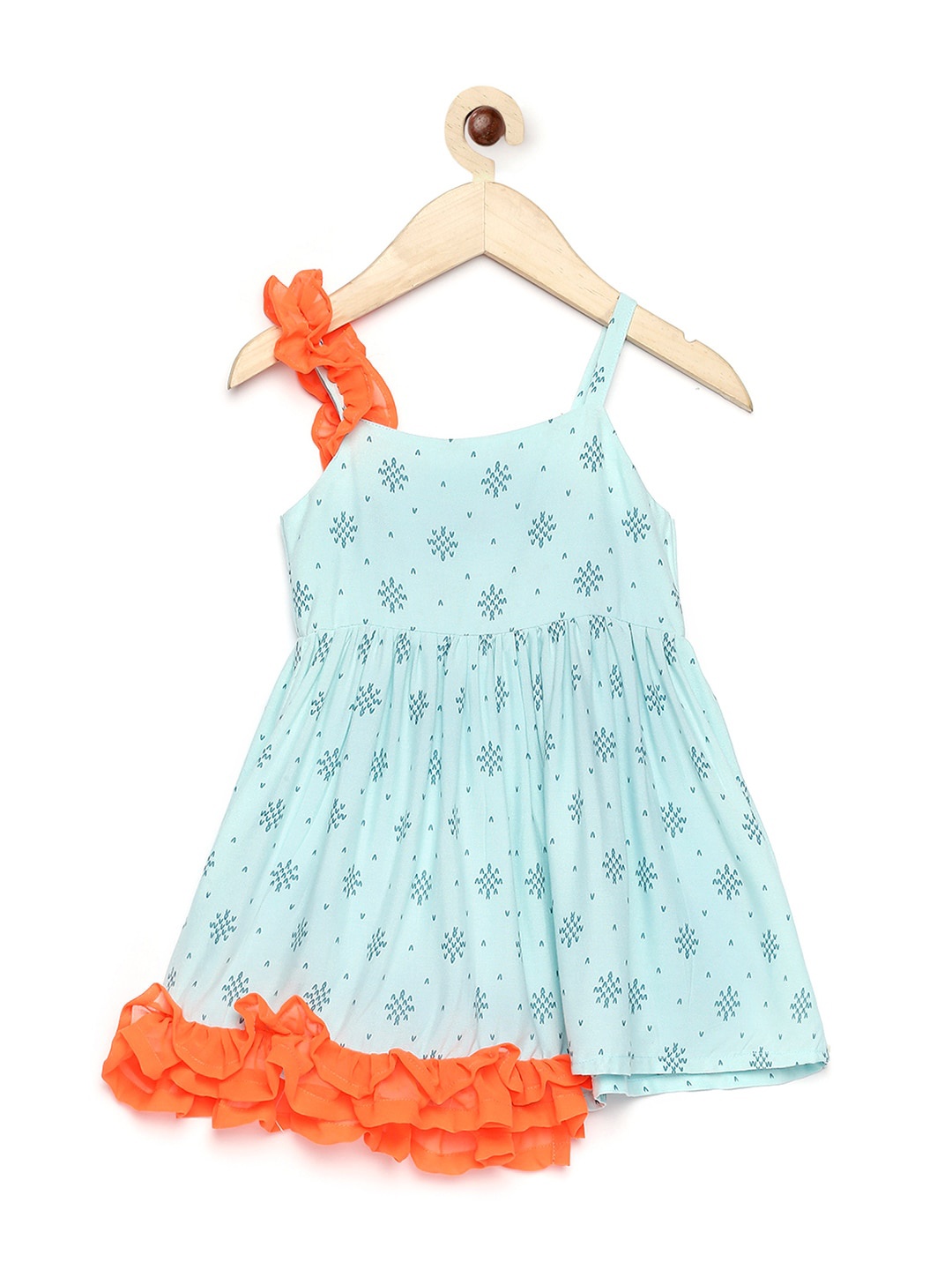 

MANY FROCKS & Girls Turquoise Blue Printed Shoulder Strap Sleeves Ruffles Cotton Dress