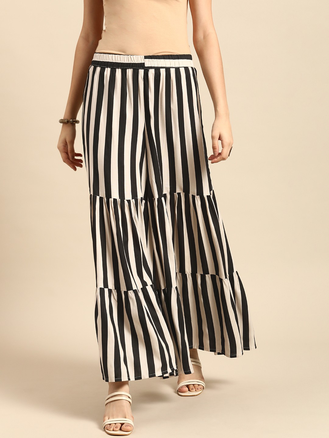 

Anouk Women White & Black Striped Flared Knitted Ethnic Palazzos