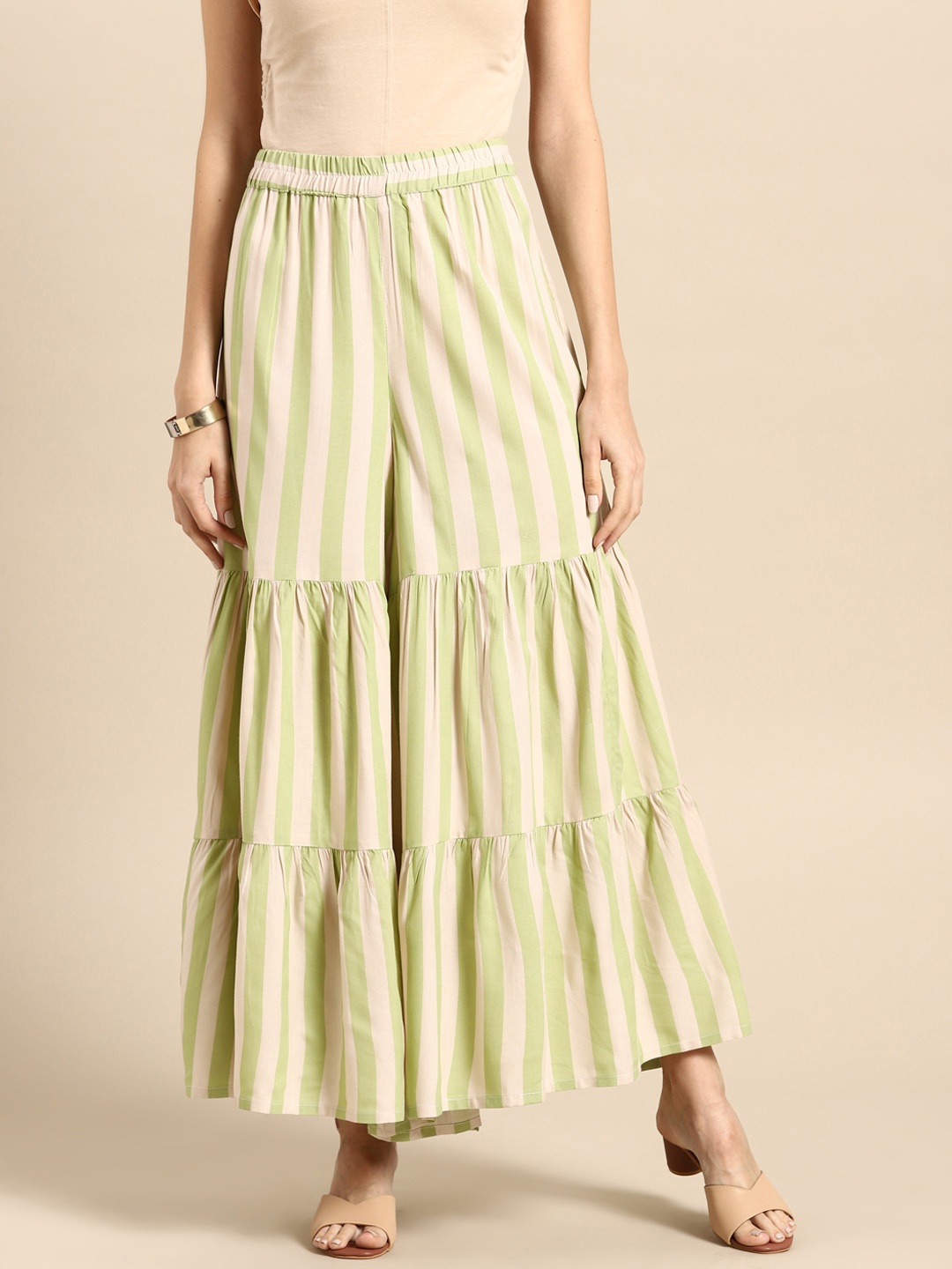 

Anouk Women Green & Off White Striped Ethnic Flared Palazzos