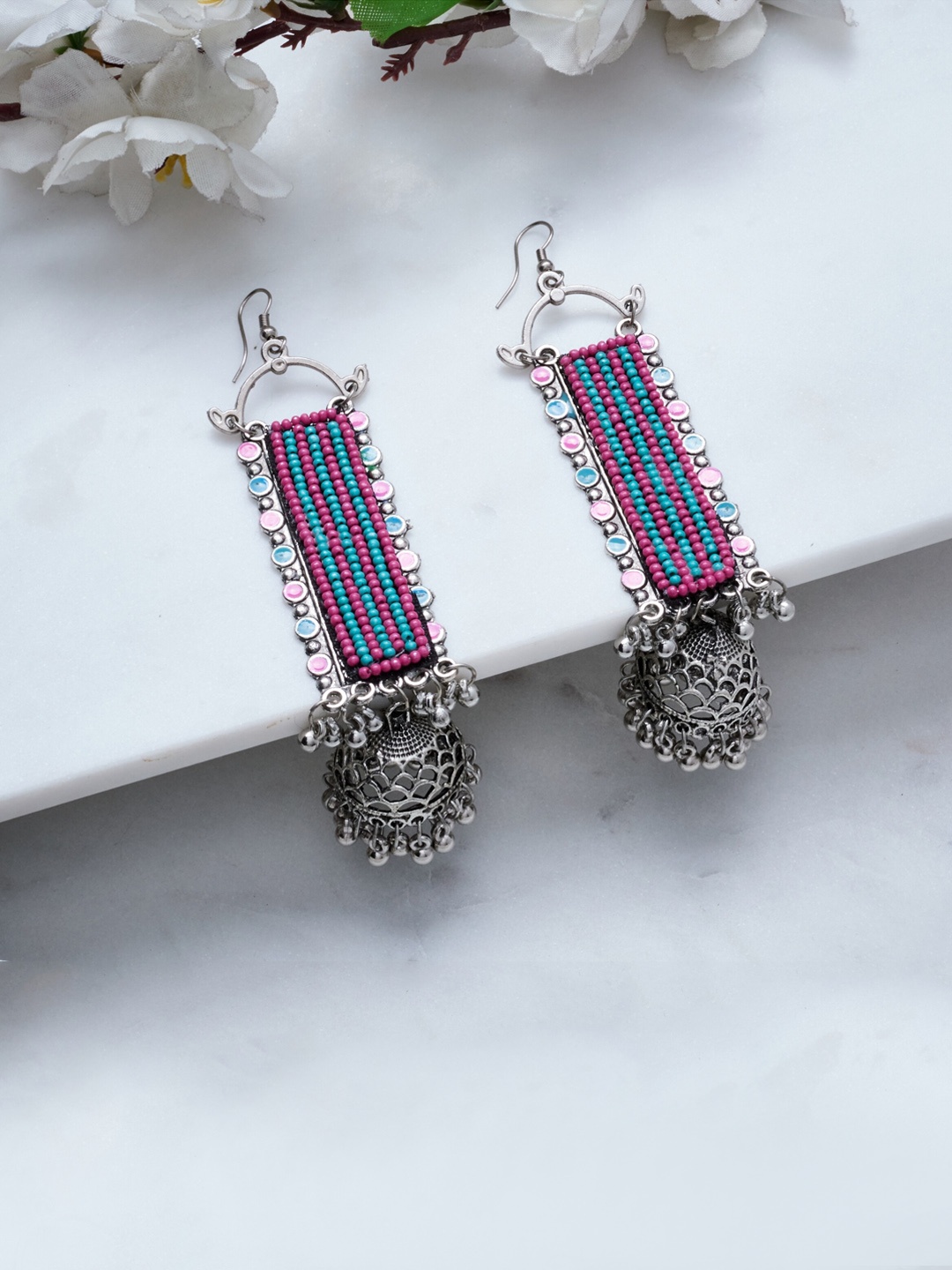 

ATIBELLE Silver-Plated & Blue Contemporary Oxidized Drop Earrings