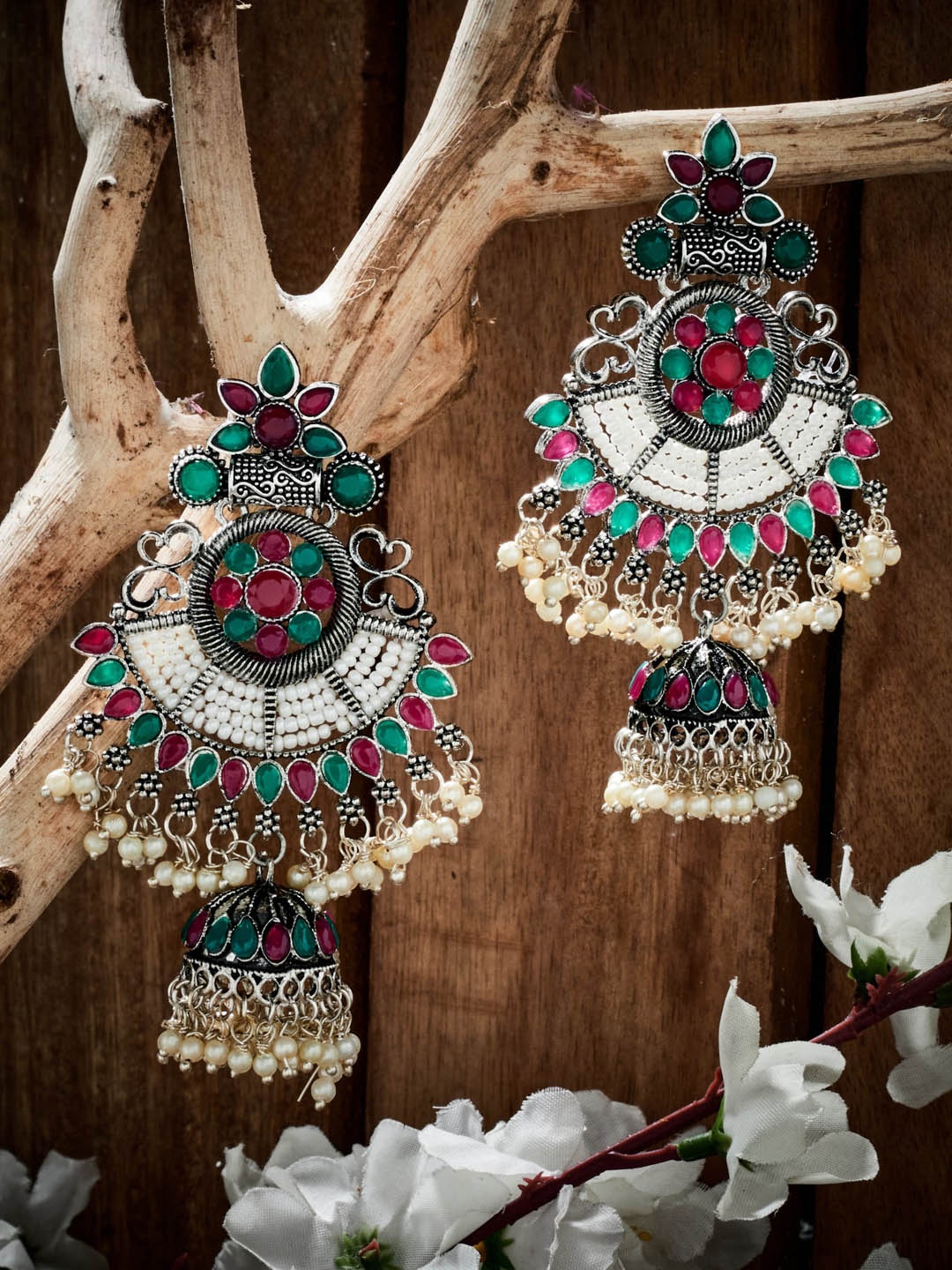 

ATIBELLE Silver-Plated & Green German Silver Contemporary Jhumkas Earrings