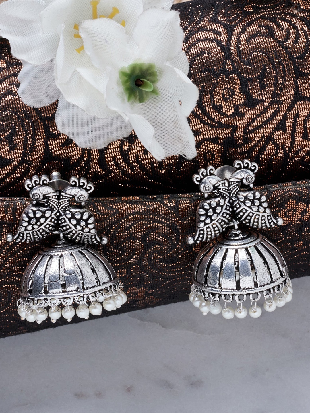 

ATIBELLE Silver-Plated Peacock Shaped Jhumkas Earrings