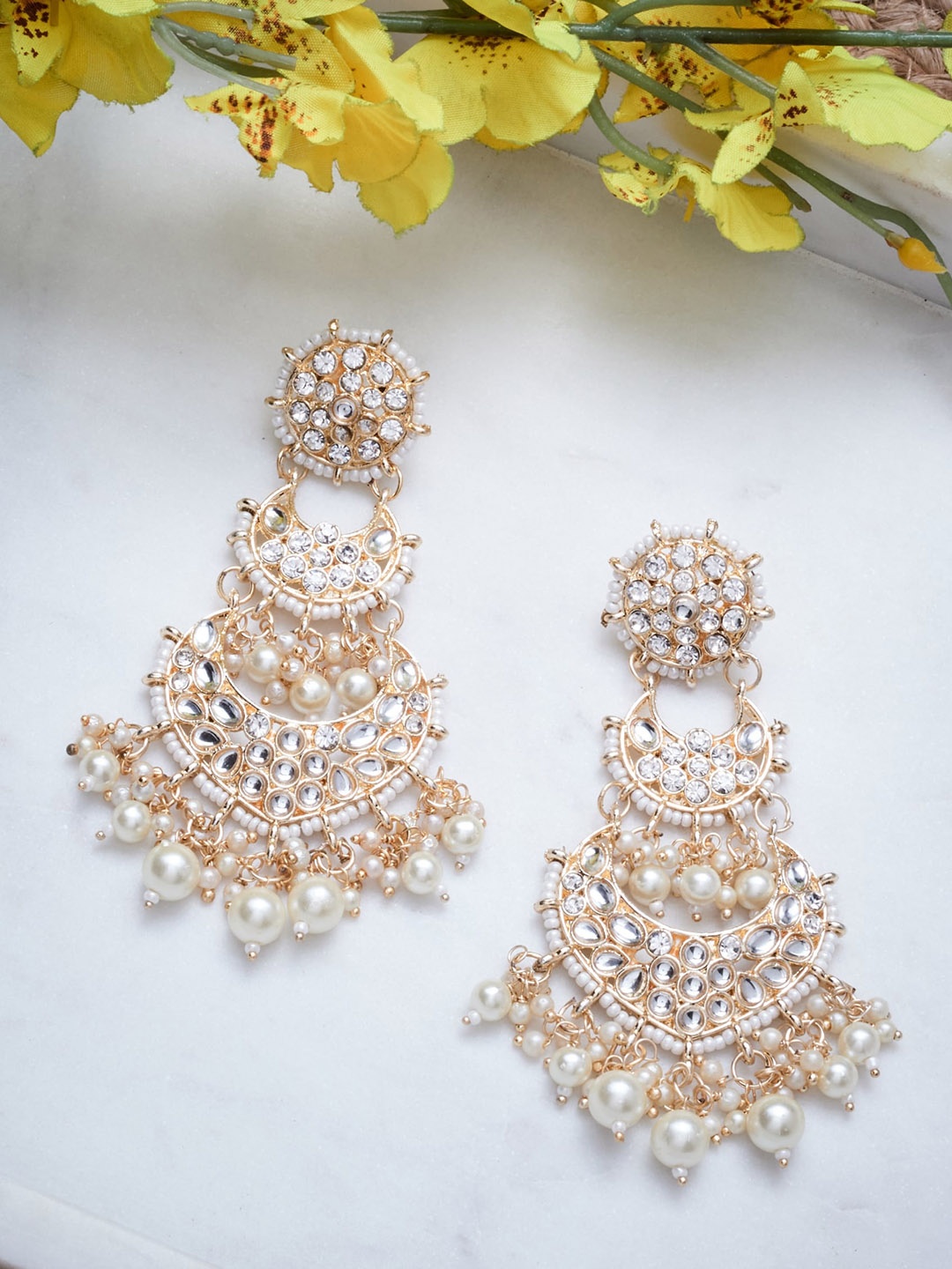 

ATIBELLE Gold-Plated & White Contemporary Drop Earrings