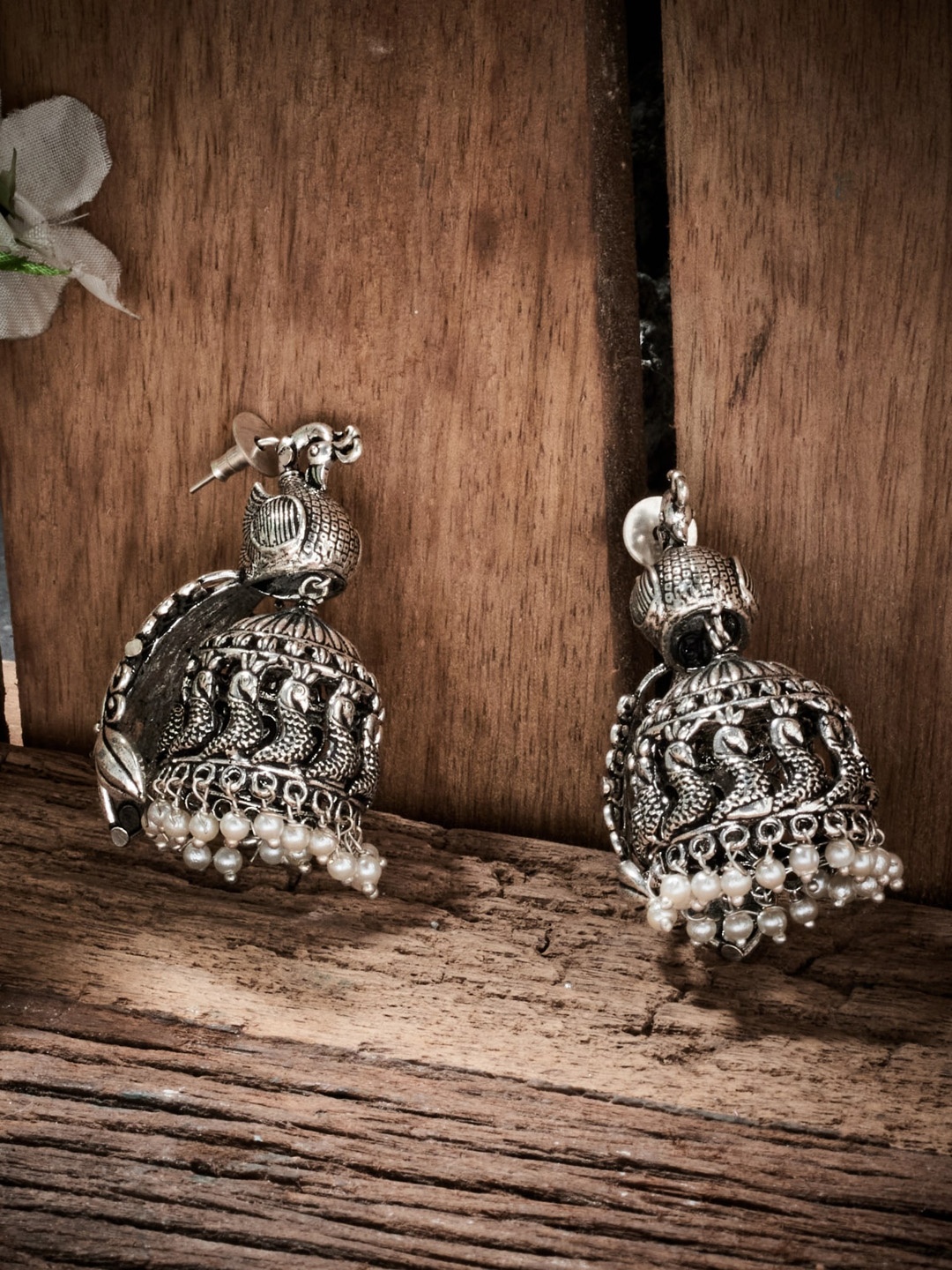 

ATIBELLE Silver-Plated Oxidised Peacock Shaped Jhumkas Earrings