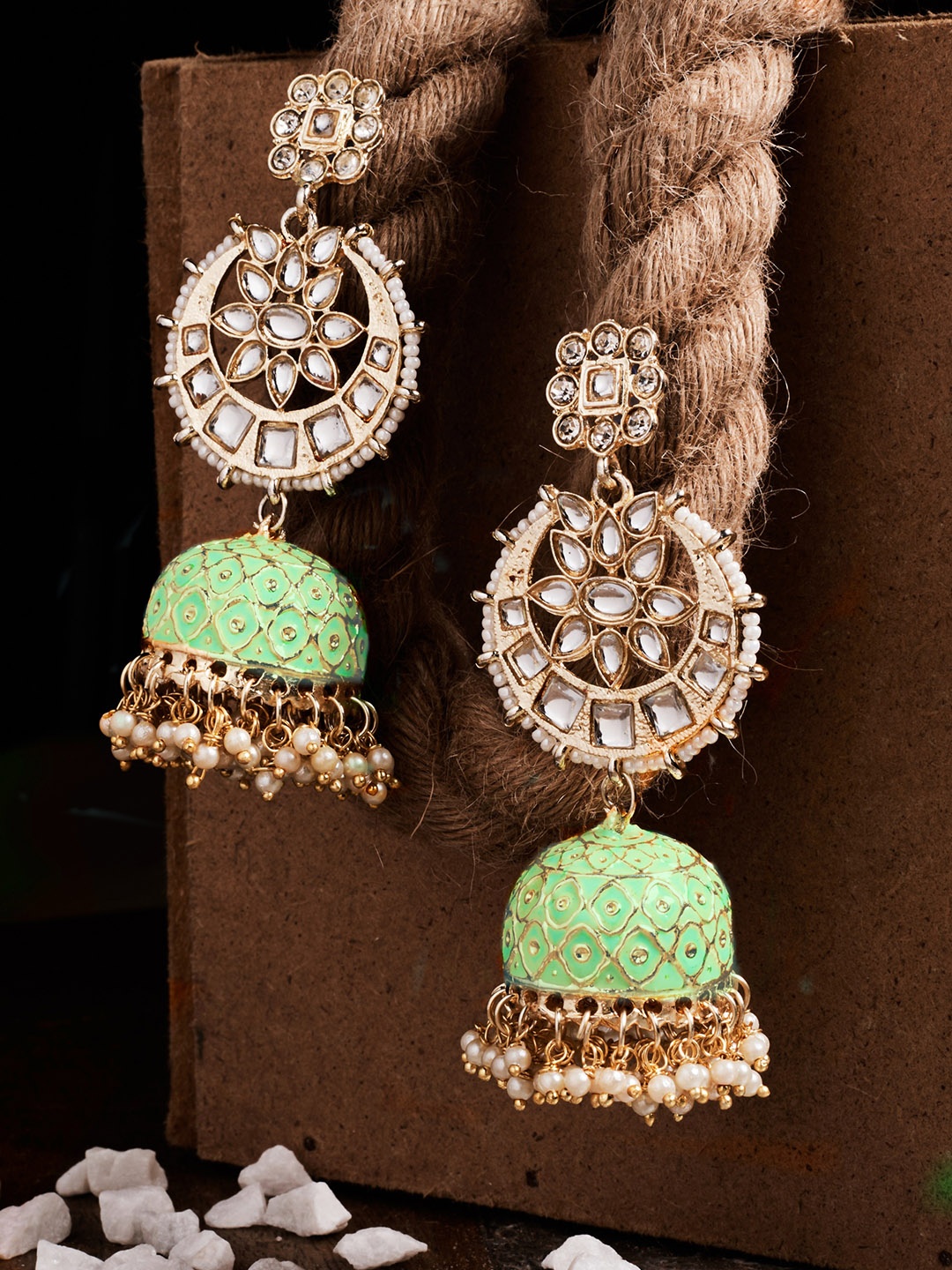 

ATIBELLE Green & Gold-Plated Kundan Classic Jhumkas Earrings