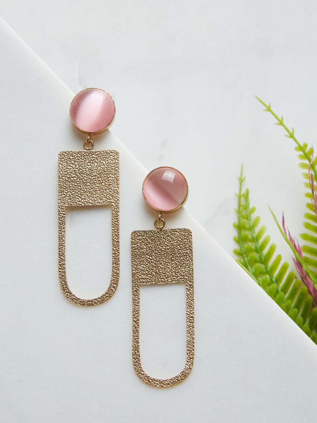 

ATIBELLE Gold-Plated & Pink Contemporary Drop Earrings