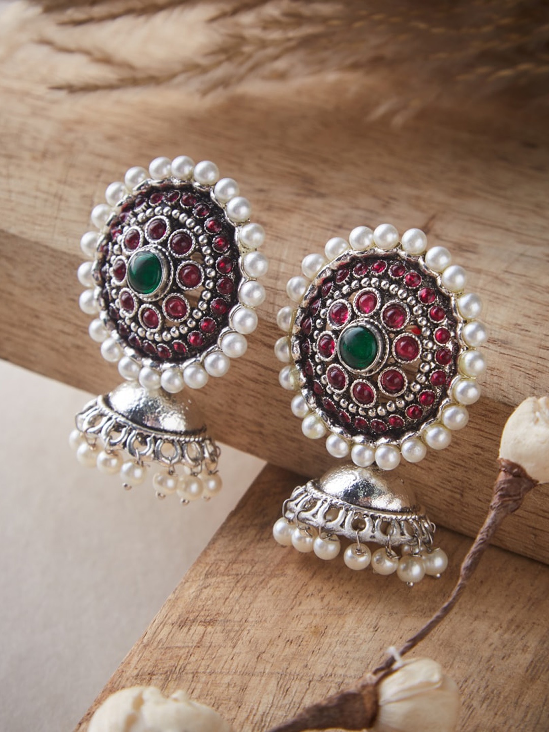 

ATIBELLE Silver-Plated & White Classic Jhumkas Earrings