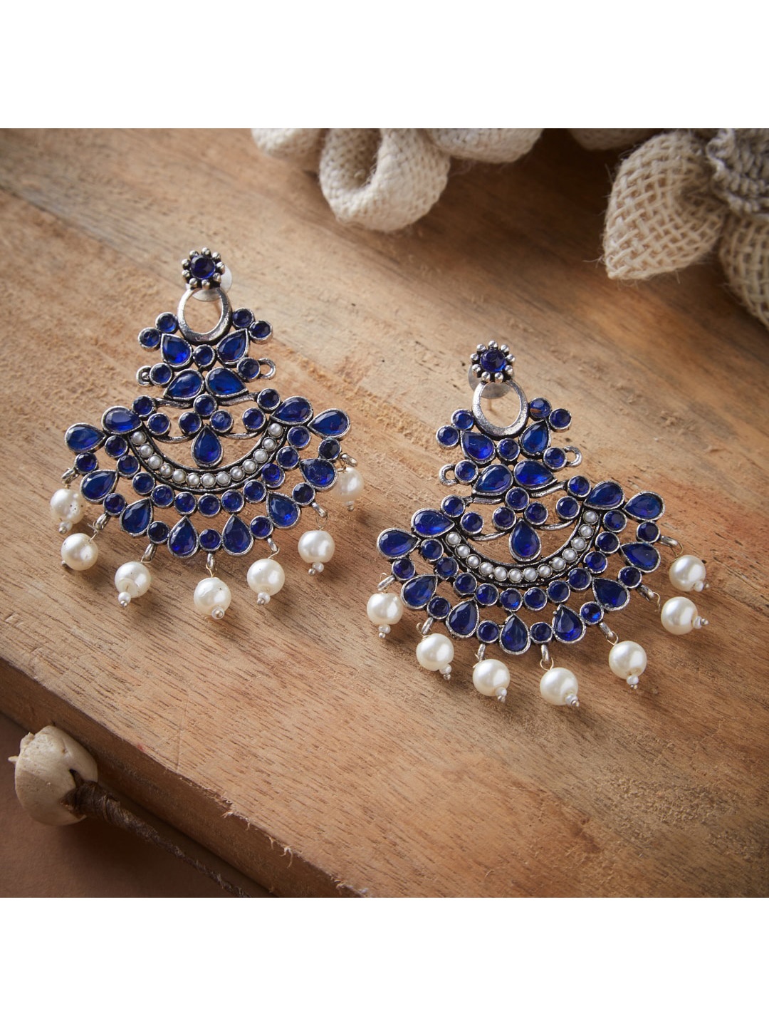 

ATIBELLE Silver-Plated & Blue Floral German Silver Chandbalis Earrings