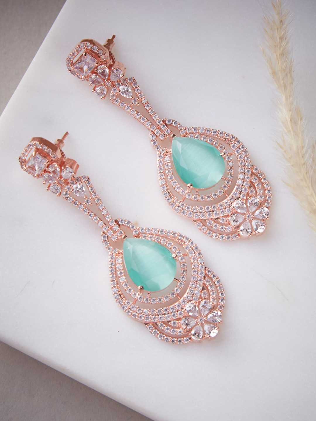 

ATIBELLE Gold-Plated & Blue American Diamond Studded Contemporary Drop Earrings