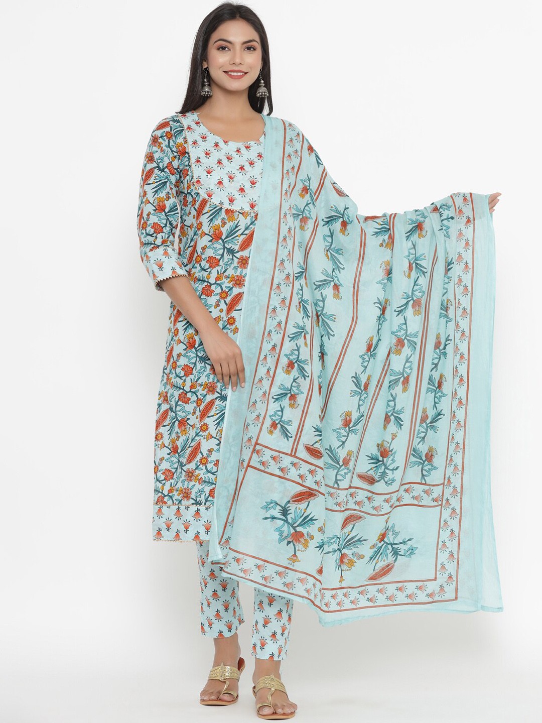 

PK Fashions Women Turquoise Blue Ethnic Motifs Printed Kurta with Trousers & Dupatta