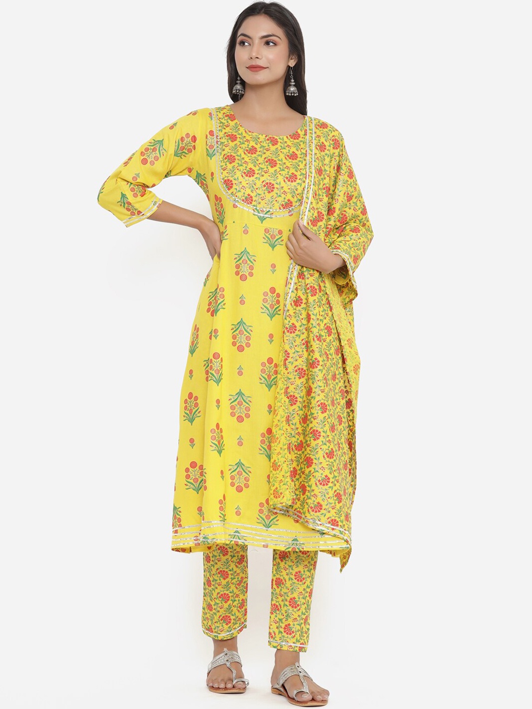 

PK Fashions Women Yellow Floral Printed Kurta with Trousers & With Dupatta