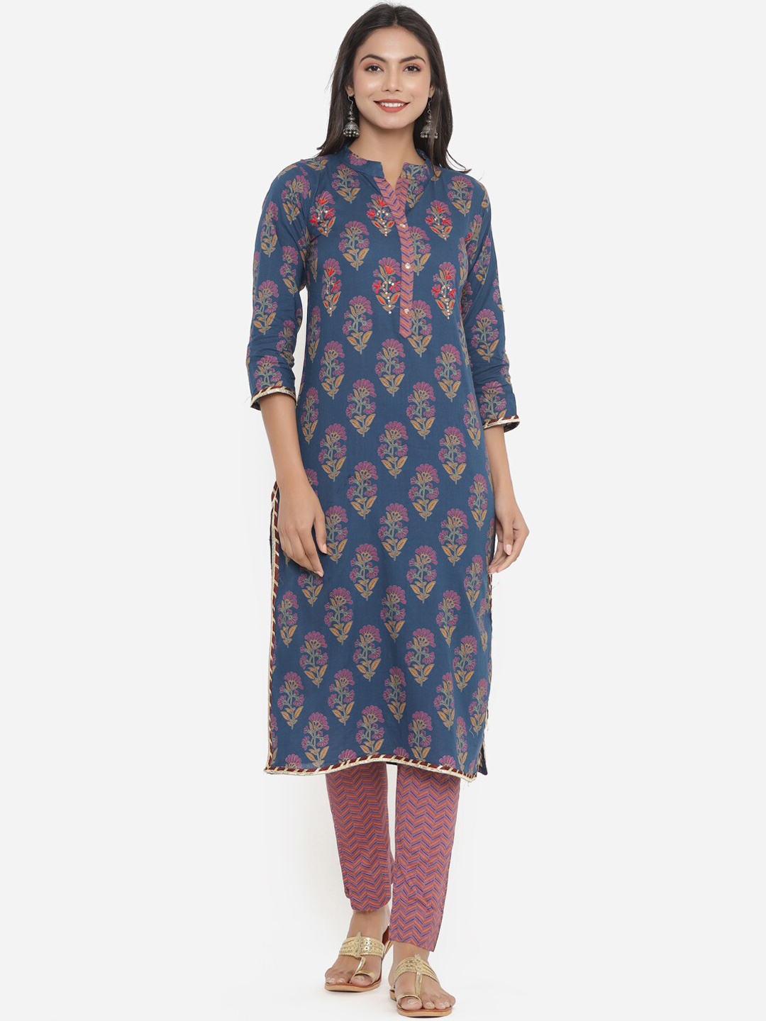 

PK Fashions Women Blue Ethnic Motifs Printed Pure Cotton Kurta with Trousers & Dupatta