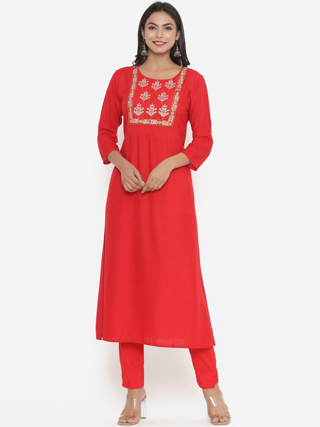 

PK Fashions Women Red Ethnic Motifs Yoke Design Kurta with Trousers & Dupatta