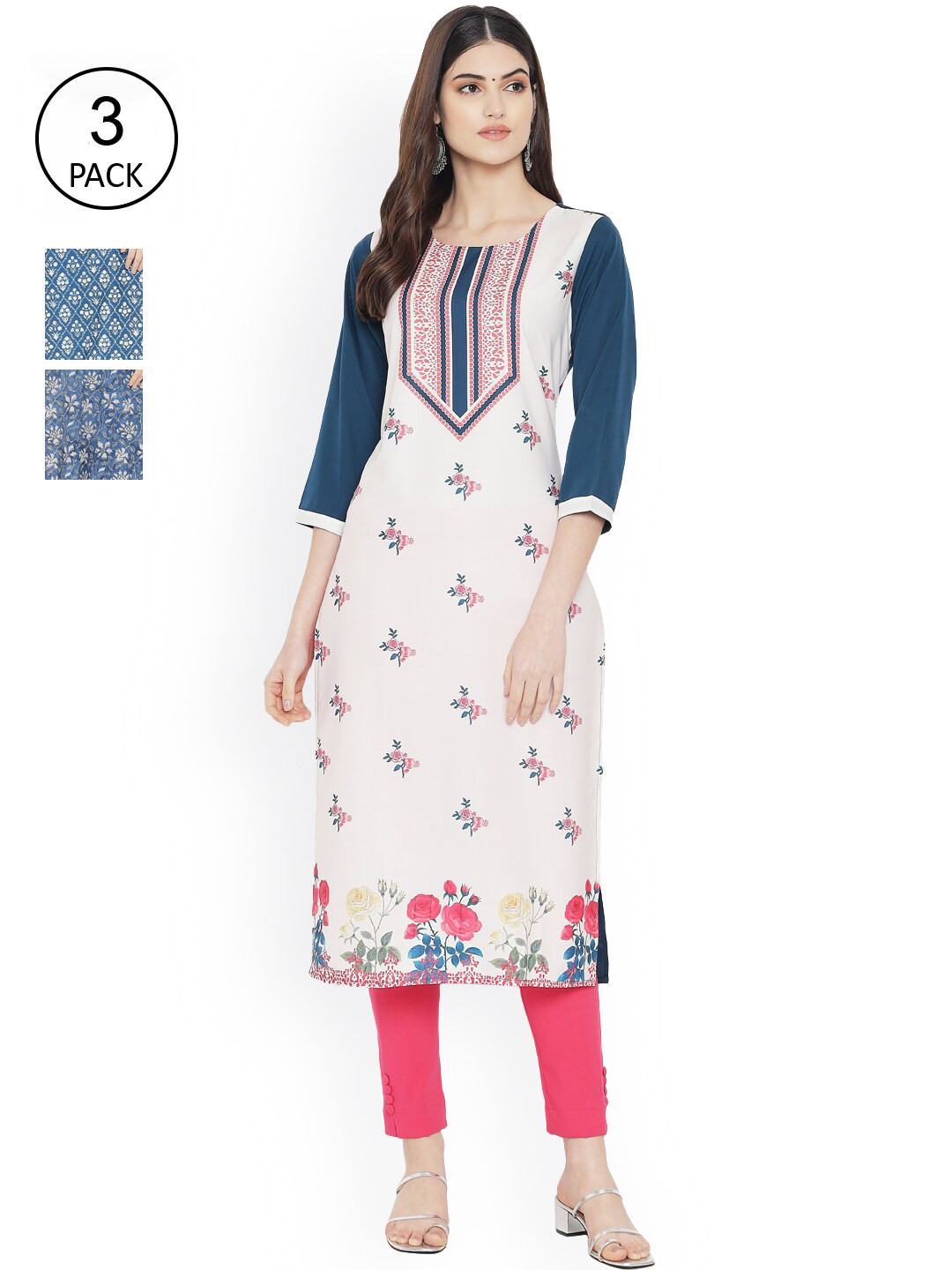

Ethnic basket Women Pack of 3 Multicoloured Printed Crepe Straight Kurta, Multi