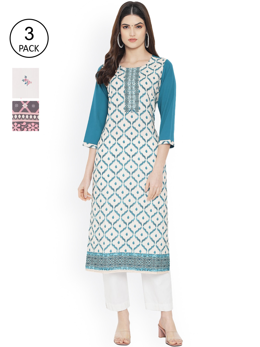 

Ethnic basket Women Pack of 3 Multicoloured Printed Crepe Straight Kurta, Multi