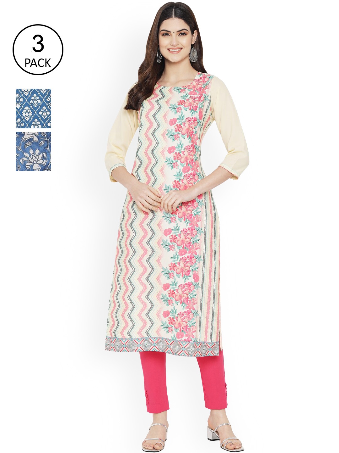 

Ethnic basket Women Set of 3 Ethnic Motifs Printed Crepe Kurta, Blue