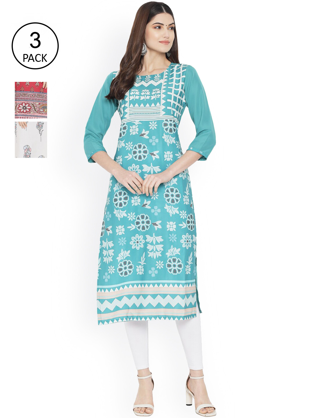 Ethnic basket Women Pack Of 3 Printed Crepe Kurta, Blue