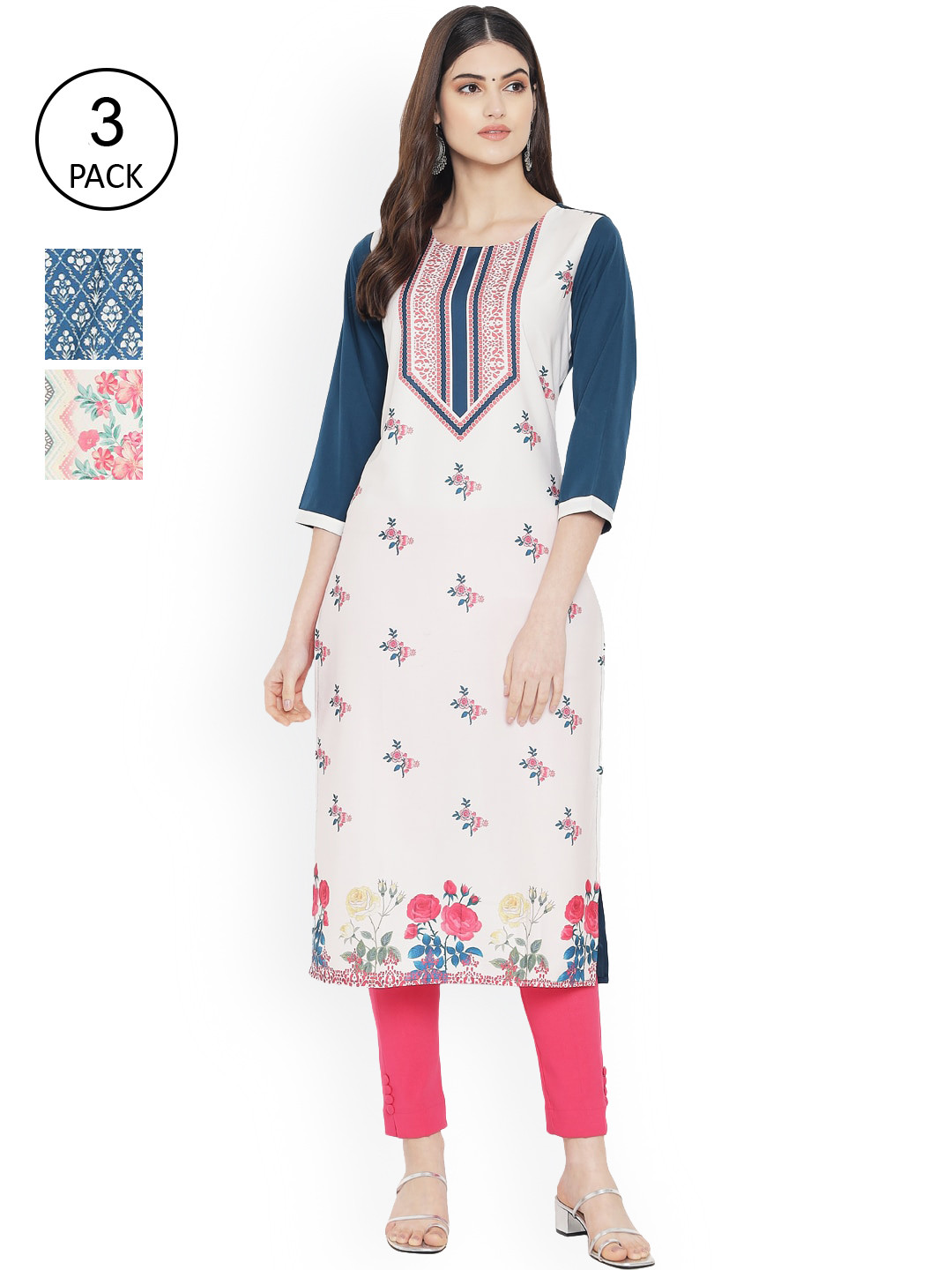 

Ethnic basket Women Multicoloured Floral Embroidered Thread Work Floral Crepe Kurta, Multi