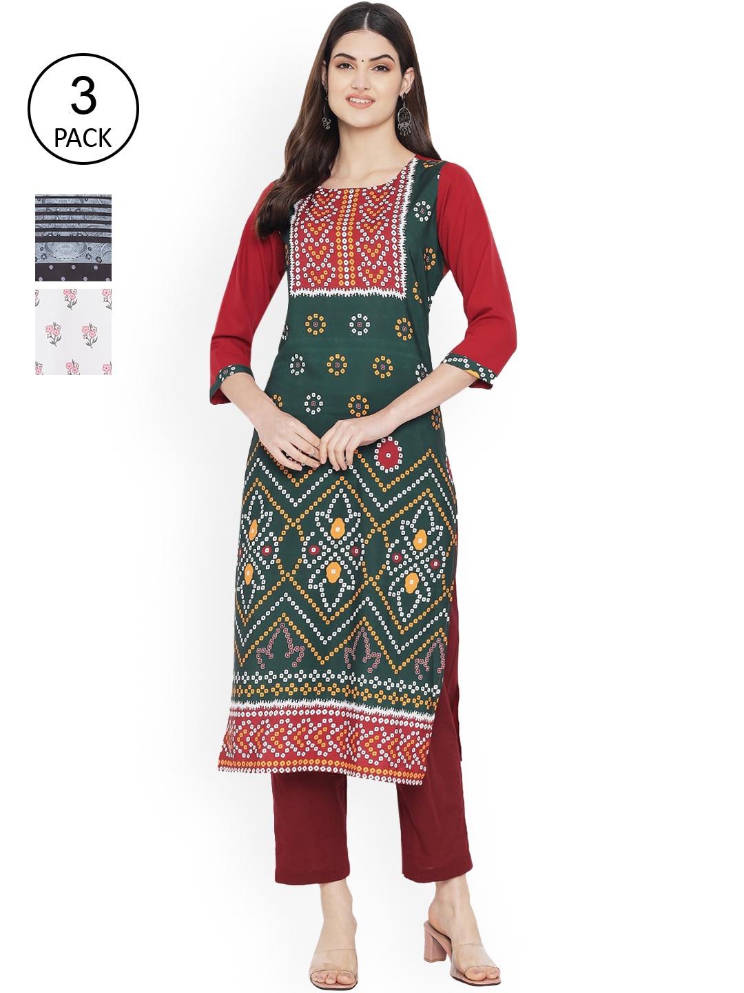 

Ethnic basket Women Pack Of 3 Green & White Geometric Printed Floral Crepe Kurtas