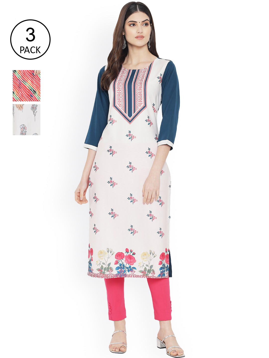 

Ethnic basket Women Multicoloured Striped Mirror Work Floral Crepe Kurta, Multi